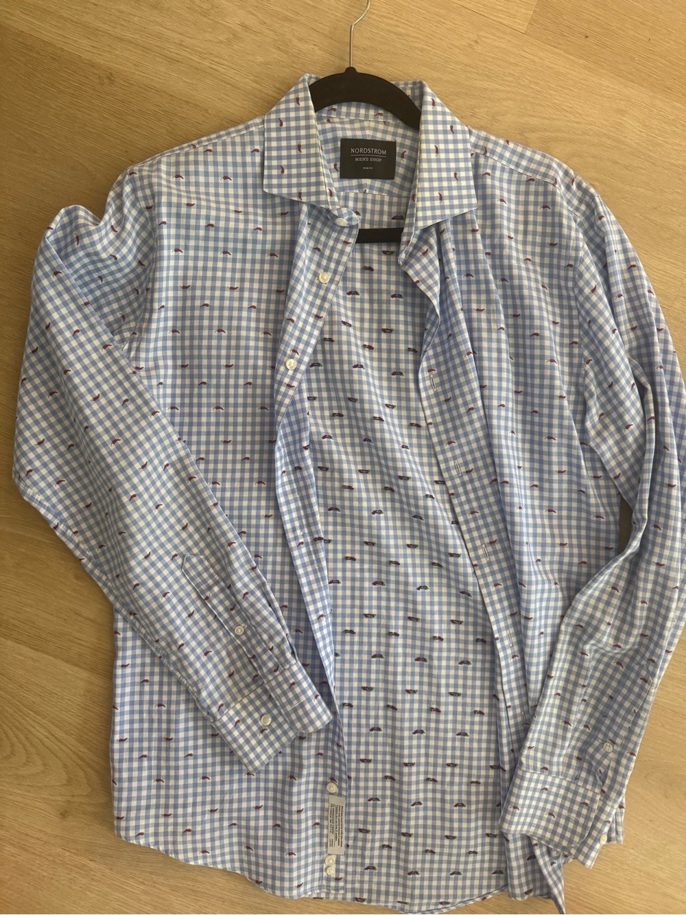 Nordstrom Men’s Blue and White Gingham Dress Shirt with Small Red Accent